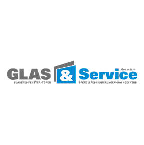 Logo mit GLAS & Service Text, Fenster- und Dachsymbolen, entworfen von Simon Rueland.