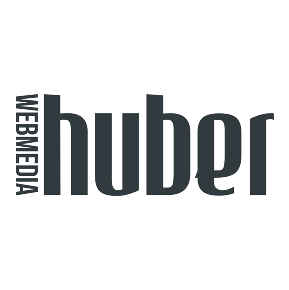 Logo mit WEBMEDIA vertikal und huber horizontal in fetter schwarzer Schrift von Simon Rueland.