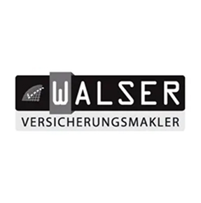Logo mit dem Text WALSER VERSICHERUNGSMAKLER und Simon Rueland in Schwarz, Grau und Weiß.